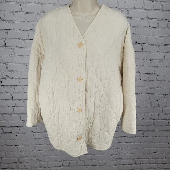 Zara Ivory Cream Quilted Cotton Buttoned Collarless Pockets Jacket Size Small S - Picture 1 of 16
